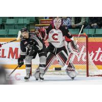 Vancouver Giants centre Jadon Joseph sets up in front of the Prince George Cougars net