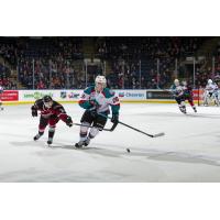Kelowna Rockets right wing Liam Kindree vs. the Vancouver Giants