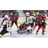 Vancouver Giants centre Dawson Holt in the crease against the Kelowna Rockets