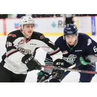 Davis Koch of the Vancouver Giants (left) vs. the Seattle Thunderbirds