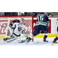 Vancouver Giants goaltender Trent Miner prepares to make a stop against the Seattle Thunderbirds