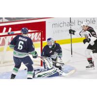 Vancouver Giants centre Jadon Joseph (right) celebrates a goal against the Seattle Thunderbirds