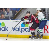 Vancouver Giants defenceman Bowen Byram (left) vs. the Seattle Thunderbirds