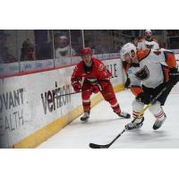 Lehigh Valley Phantoms defenseman Reece Willcox (right) vs. the Charlotte Checkers