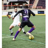 Mississauga MetroStars' Mo Babouli (white) in action last week vs Harrisburg Heat's Ricardo Carvalho