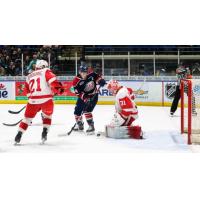 Soo Greyhounds defend against the Saginaw Spirit