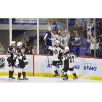 Vancouver Giants celebrate a goal in their playoff opener against the Victoria Royals