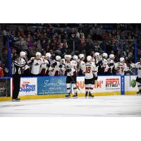 Cleveland Monsters exchange congratulations with the bench following a score