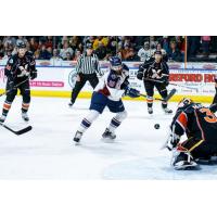 Tulsa Oilers forward Adam Pleskach takes a shot against the Kansas City Mavericks