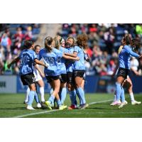 Chicago Red Stars celebrate a Yuki Nagasato goal against the Portland Thorns