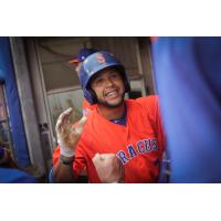 GrÃ©gor Blanco celebrates in the Syracuse Mets dugout after homering to lead off the bottom of the first inning on Tuesday night