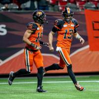 Receiver Bryan Burnham and quarterback Mike Reilly of the BC Lions