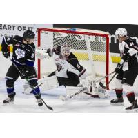 Vancouver Giants goaltender David Tendeck makes a stop against the Victoria Royals