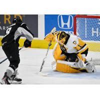 Joey LaLeggia of the San Antonio Rampage is stopped in the shootout by Wilkes-Barre/Scranton Penguins goaltender Casey DeSmith