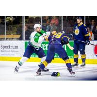 Maine Mariners forward Mikael Robidoux (left) mixes it up vs. the Norfolk Admirals