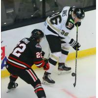 Wheeling Nailers defenseman Dane Birks (top) vs. the Indy Fuel