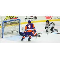 Lawton Courtnall of the Wheeling Nailers (right) scores against the Orlando Solar Bears