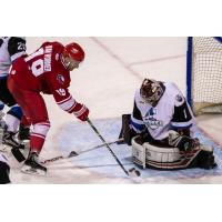 Wichita Thunder goaltender Evan Weninger stops the Allen Americans