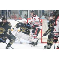 Aberdeen Wings forward Liam Fraser in front of the Bismarck Bobcats goal