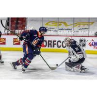 Vancouver Giants goaltender Trent Miner makes a stop against the Kamloops Blazers