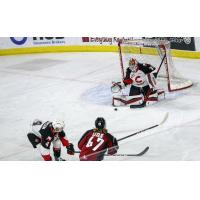 Prince George Cougars goaltender Taylor Gauthier stops a shot vs. the Vancouver Giants