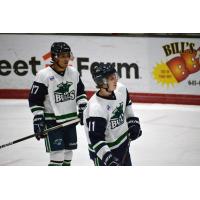 North Iowa Bulls forward Logan Dombrowsky (foreground) and defenseman Andrew Stacey
