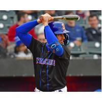 Tim Locastro of the Syracuse Mets awaits a pitch