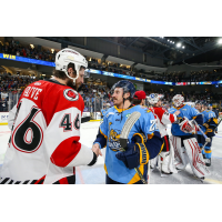 Cincinnati Cyclones' Justin Vaive congratulates the Toledo Walleye