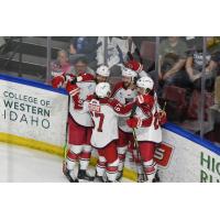 Allen Americans celebrate a goal against the Idaho Steelheads