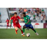 Indy Eleven midfielder Cam Lindley (left) vs. Hartford Athletic