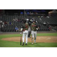 Fayetteville Woodpeckers' Brice Matthews congratulates Cam Fisher