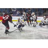 Vancouver Giants' Mazden Leslie battles Kamloops Blazers' Harrison Brunicke