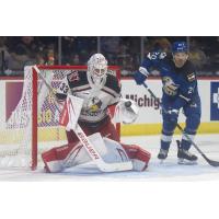 Grand Rapids Griffins' Sebastian Cossa and Colorado Eagles' Tanner Kero on game night