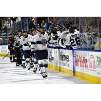 Worcester Railers exchange high fives along the bench