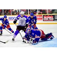 Kitchener Rangers goaltender Jackson Parsons dives on a loose puck vs. the Owen Sound Attack