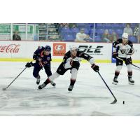 Vancouver Giants' Colton Roberts and Kamloops Blazers' Zach Pantelakis in action