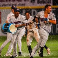 Somerset Patriots and Elijah Dunham celebrate a walk-off win