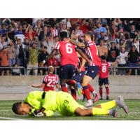 Atlético Ottawa reacts after Liberman Torres scores vs. Pacific FC