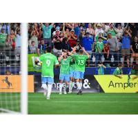 Seattle Sounders FC's Raúl Ruidíaz, Albert Rusnák, and Albert Rusnák on game night