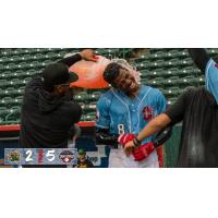 Hickory Crawdads outfielder Luis Mieses gets a Gatorade shower