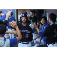 JT Schwartz is congratulated by Syracuse Mets teammates