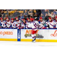 Kitchener Rangers defenceman Cameron Reid along the Kitchener bench