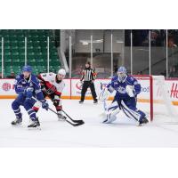 Belleville Senators left wing Angus Crookshank (center) looks for an opportunity