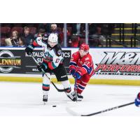 Kelowna Rockets' Kayden Longley battles Spokane Chiefs' Berkly Catton