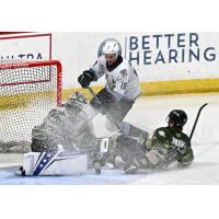 Wenatchee Wild's Daniel Hauser and Evan Friesen battle Portland Winterhawks' Kyle Chyzowski