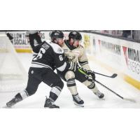 Wichita Thunder defenseman T.J. Lloyd (left) vs. the Iowa Heartlanders