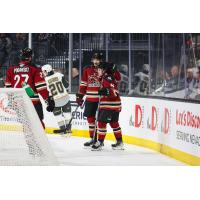 Tucson Roadrunners' Kailer Yamamoto, Milos Kelemen, and Austin Poganski on game night