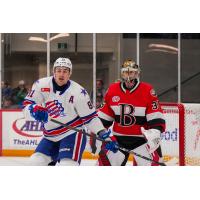 Rochester Americans' Brett Murray and Belleville Senators' Leevi Meriläinen