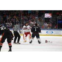 Rapid City Rush's Matt Radomsky versus Kansas City Mavericks' Jack LaFontaine