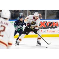 Seattle Thunderbirds' Kaleb Hartmann and Vancouver Giants' Maxim Muranov in action